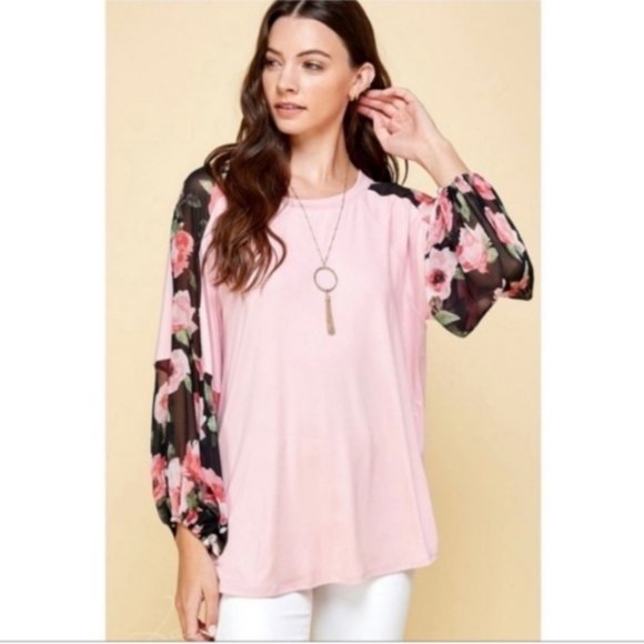 Pink Top with Floral Chiffon Sleeves✨️ - Picture 3 of 4